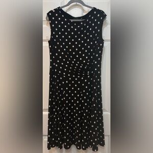 Lauren Ralph Lauren Dress Women 14 Black Polka Dot Surplice Neck Fit Flare Knee
